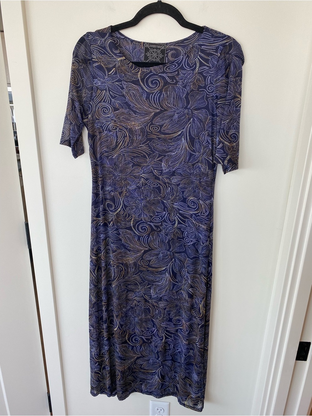 Johnny Was Navy and Gold Swirl Floral Midi Mesh Dress. Size M